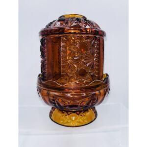 Vintage Fairy Lamp Indiana Glass Amber Stars and Bars 6.5" 1970s 2 Piece NICE